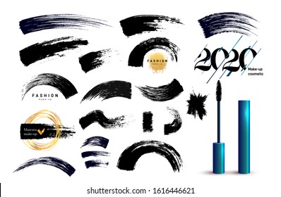 Set of Creative make up logo. Mascara brush stroke in sphere shape. Round make-up cosmetic texture design template. Realistic mascara smear sign. Eyelash logo vector isolated on white background.