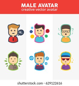 Set of creative male avatars. Different clothes and hair styles. Modern and simple flat cartoon style
