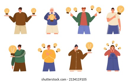 Set with creative male and female characters with light bulbs on white background. Team brainstorming. Success managers team, creative people have new idea.