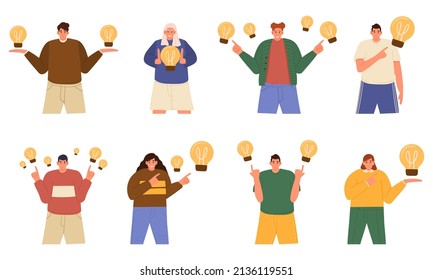 Set with creative male and female characters with light bulbs on white background. Concept of finding brilliant ideas. Lightbulbs as symbol of solutions and knowledge. Flat cartoon vector illustration