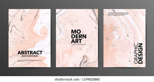 Set of creative marble cards. Hand Drawn textures made with special ink. Ochre and white marble background. Fluid art. Applicable for design cover, posters, presentation, invitation, flyer.