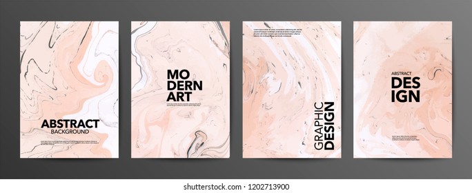 Set of creative marble cards. Hand Drawn textures made with special ink. Ochre and white marble background. Fluid art. Applicable for design cover, posters, presentation, invitation, flyer.