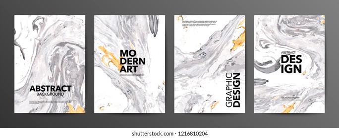 Set of creative marble cards. Hand Drawn textures made with special ink. Ochre and white marble background. Fluid art. Applicable for design cover, posters, presentation, invitation, flyer.