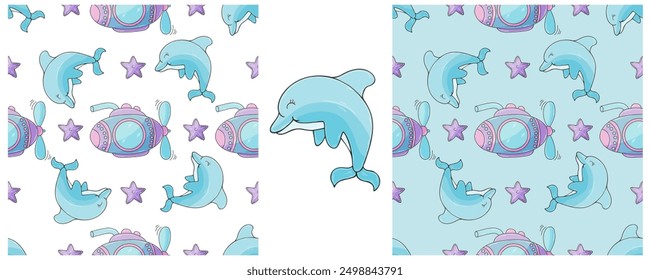Set Creative marine seamless pattern. Pattern in hand draw style, created for fabrics