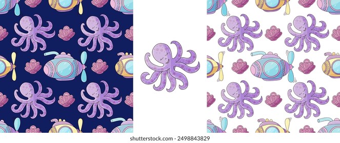 Set Creative marine seamless pattern. Pattern in hand draw style, created for fabrics