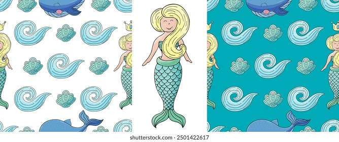 Set Creative marine seamless pattern. Pattern in hand draw style, created for fabrics