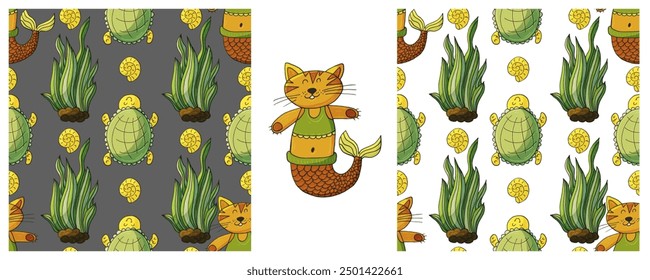 Set Creative marine seamless pattern. Pattern in hand draw style, created for fabrics