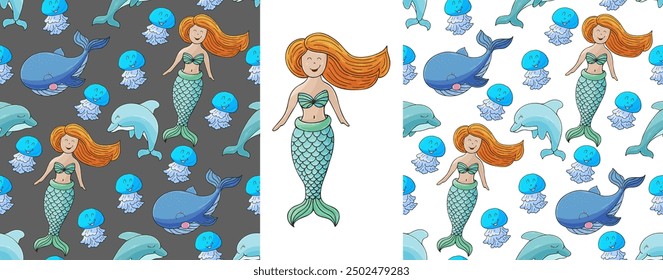 Set Creative marine seamless pattern. Pattern in hand draw style, created for fabrics
