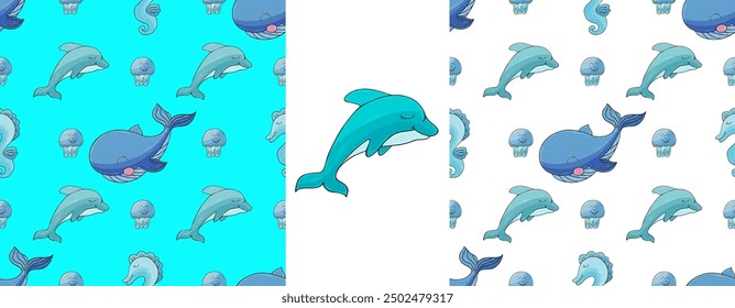 Set Creative marine seamless pattern. Pattern in hand draw style, created for fabrics
