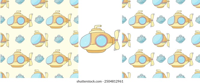 Conjunto Patrón marino creativo sin fisuras. Patrón en estilo de dibujo a mano, creado para telas