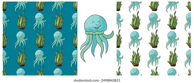 Set Creative marine seamless patterns. Jellyfish. Pattern in hand draw style, created for fabrics, wrapping paper, etc