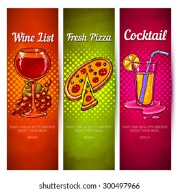 Set creative menu for a cafe. The set of three flyers for the restaurant. Colored menu on the theme of wine, pizza and cocktails.