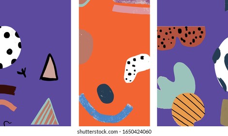 Set of creative minimal templates for story with contemporary abstract pastel colorful shapes, scribble. Simple social print for media frame. Creative banner for story. 

