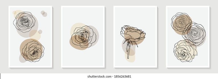 Set of creative minimalist hand draw illustrations floral outline pastel biege simple shape for wall decoration, postcard or brochure cover design