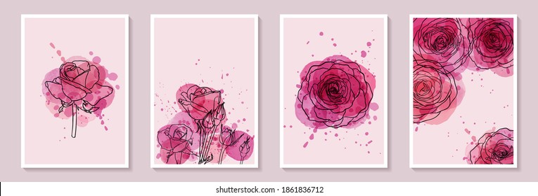 Set creative minimalist hand draw illustrations floral outline and pink watercolor stain   splash  Design for wall decoration  postcard brochure cover design Happy Valentines day  mother day