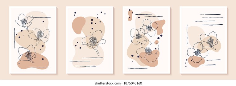 Satz kreativer minimalistischer handgezeichneter Illustrationen Blumenumriss, Schmetterlingssilhouette und pastellfarbener Büttelung, einfache Form für Wanddekoration, Postkarten- oder Broschürendesign