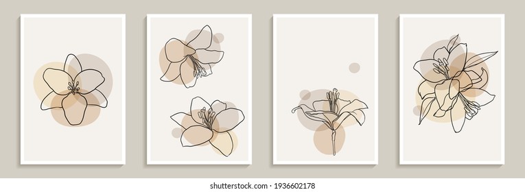 Set von kreativen minimalistischen handgezeichneten Illustrationen Blumenkonturen lilafarbene Büttelung einfache Form für Wanddekoration, Postkarte oder Broschüre Cover Design