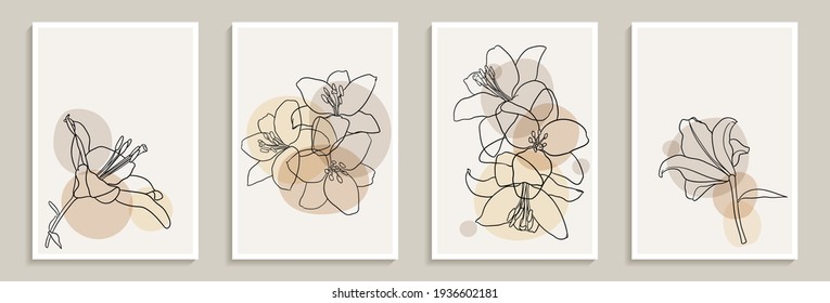 Conjunto de ilustraciones creativas minimalistas de dibujo a mano con contorno floral lily pastel biege forma sencilla para la decoración de paredes, diseño de cartón postal o de portada