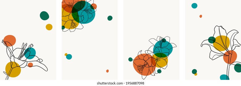Set of creative minimalist hand draw illustrations floral outline lily bright circle simple shape vintage color. design for wall decoration, postcard or brochure cover design