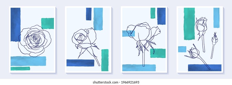 Set of creative minimalist hand draw illustrations flower rosse outline and blue color simple geometric watercolor brush stroke shape. design wall decoration, postcard, brochure cover design, poster