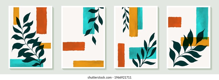 Conjunto de ilustraciones creativas minimalistas de dibujo a mano hojas de color verde negro y color vintage forma de trazo de broche de color geométrico simple para la decoración de paredes, diseño de portada de postal o folleto, afiche