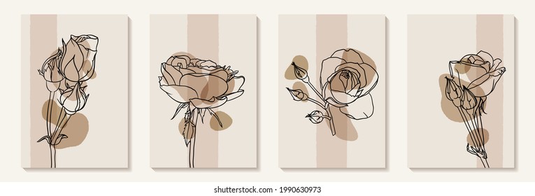 Set of creative minimalist hand draw illustrations rose floral outline pastel biege simple shape and brush stroke for wall decoration, postcard or brochure cover design