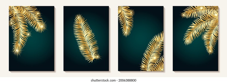 Set of creative minimalist hand draw illustrations floral golden tropical palm leaves on black and blue background. for wall decoration, postcard or brochure cover design