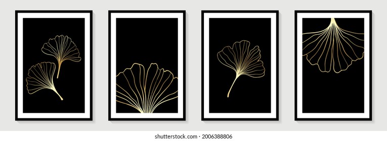  Set of creative minimalist hand draw illustrations floral outline golden ginkgo biloba leaves on black background. for wall decoration, postcard or brochure cover design