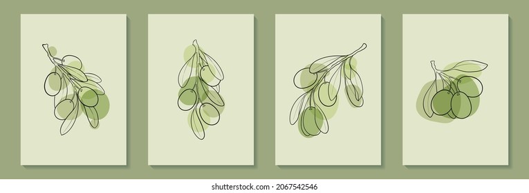 Set of creative minimalist hand draw illustrations floral outline olive pastel green simple shape for wall decoration, postcard or brochure cover design