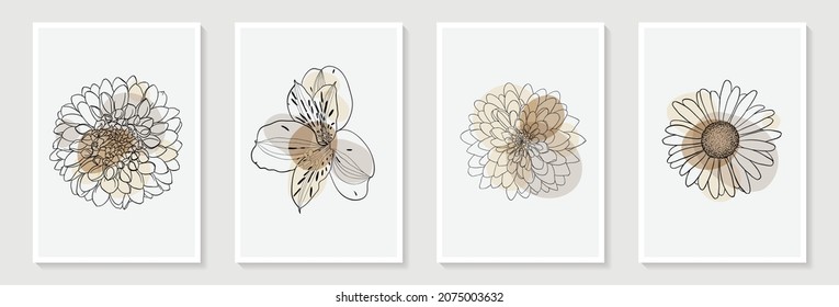 Set of creative minimalist hand draw illustrations flowers outline pastel biege simple shape and brush stroke for wall decoration, postcard or brochure cover design
