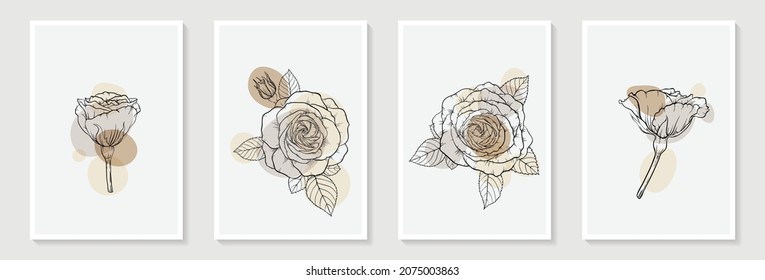 Set of creative minimalist hand draw illustrations rose floral outline pastel biege simple shape and brush stroke for wall decoration, postcard or brochure cover design