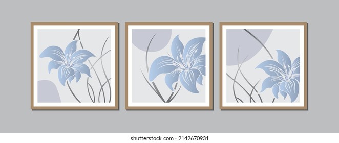 Set of creative minimalist hand draw illustrations floral outline lily pastel for wall decoration, postcard or brochure cover design. Blue and silver.