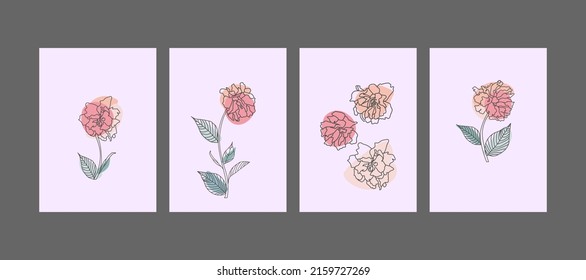 Set of creative minimalist hand draw illustrations. Flowers of flowering branches of cherry, peach, pear, sakura, botanical illustration. Floral outline pastel biege simple shape for wall decoration.