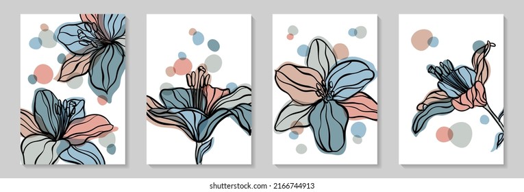 Set of creative minimalist hand draw illustrations floral outline lily pastel simple shape for wall decoration, postcard or brochure cover design