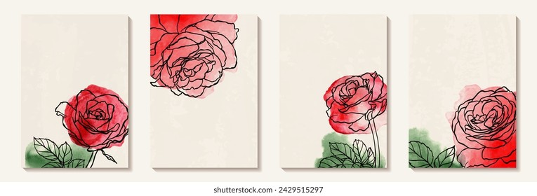 Conjunto de ilustraciones de dibujo a mano minimalista creativo contorno floral pincel de acuarela trazo para la decoración de la pared, tarjeta postal o diseño de cubierta de folleto