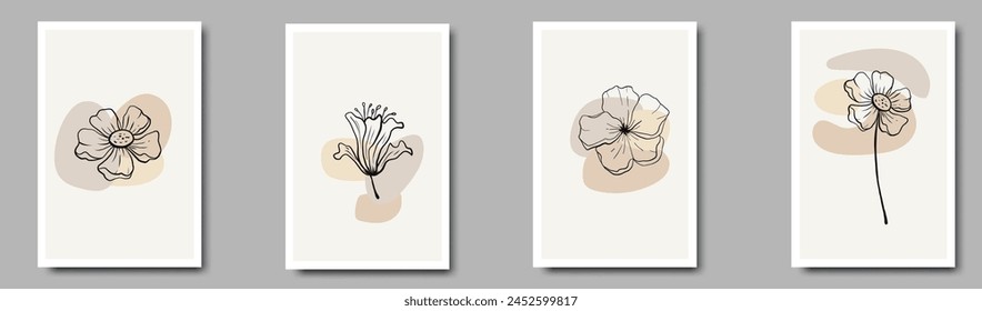 Conjunto de ilustraciones de dibujo a mano minimalista creativo contorno floral lirio pastel beige forma simple para la decoración de la pared