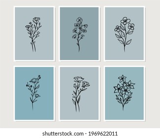 Set of creative minimalist hand drawn illustrations for wall decoration, postcard or brochure cover design. Hand draw vector design elements. Vector EPS10.