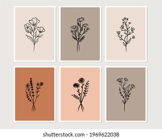 Set of creative minimalist hand drawn illustrations for wall decoration, postcard or brochure cover design. Hand draw vector design elements. Vector EPS10.