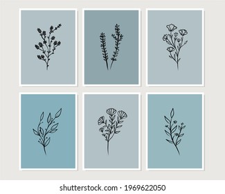 Set of creative minimalist hand drawn illustrations for wall decoration, postcard or brochure cover design. Hand draw vector design elements. Vector EPS10.