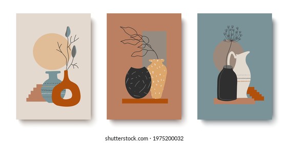Set of creative minimalist hand drawn illustrations for wall decoration, postcard or brochure cover design. Hand draw vector design elements. Vector EPS10.
