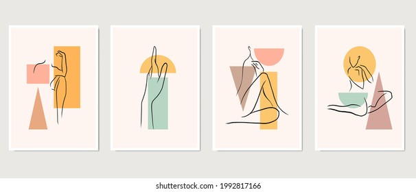 Set of creative minimalist hand drawn illustrations. Perfect for wall decoration, greeting card, story, banner, postcard or brochure cover design. Hand draw vector design elements. Vector EPS10.