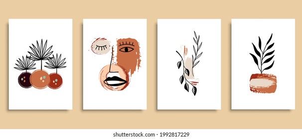 Set of creative minimalist hand drawn illustrations. Perfect for wall decoration, greeting card, story, banner, postcard or brochure cover design. Hand draw vector design elements. Vector EPS10.