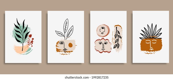 Set of creative minimalist hand drawn illustrations. Perfect for wall decoration, greeting card, story, banner, postcard or brochure cover design. Hand draw vector design elements. Vector EPS10.