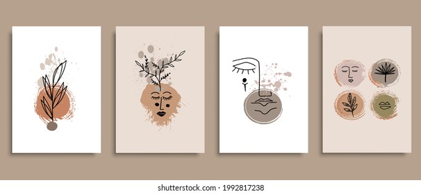 Set of creative minimalist hand drawn illustrations. Perfect for wall decoration, greeting card, story, banner, postcard or brochure cover design. Hand draw vector design elements. Vector EPS10.