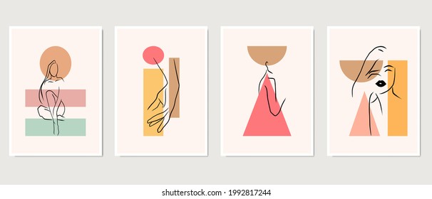 Set of creative minimalist hand drawn illustrations. Perfect for wall decoration, greeting card, story, banner, postcard or brochure cover design. Hand draw vector design elements. Vector EPS10.