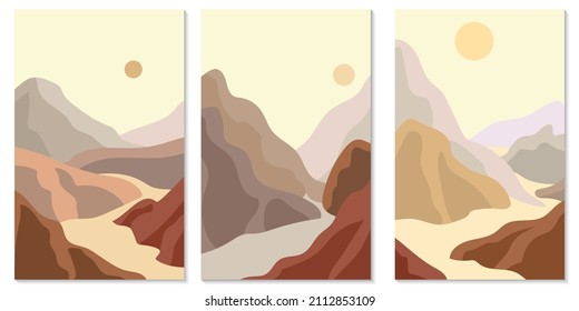 Set of creative minimalist hand drawn illustrations for wall decoration, postcard or brochure cover design. Hand draw vector design elements. Vector EPS10. Image of mountains