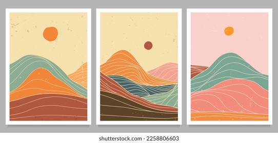 set of creative minimalist hand drawn illustrations of Mid century modern art. Natural abstract landscape background. mountain, forest, sea, sky, sun and river