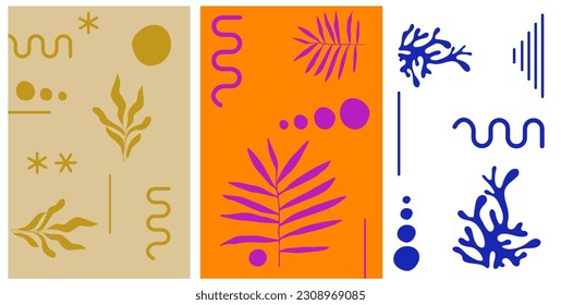 Set of creative minimalist hand drawn illustrations for wall decoration, postcard or brochure cover design. Vector design elements. Posters with orange background.