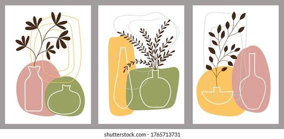 Set of creative minimalist hand painted illustrations with decorative vases, bottles, branches and leaves. For postcard, poster, poster, brochure, cover design.