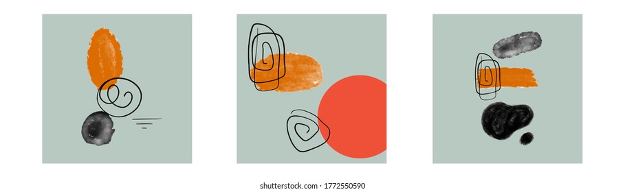 Set of creative minimalist hand painted illustrations for wall decoration, postcard or brochure cover design. Vector EPS10.